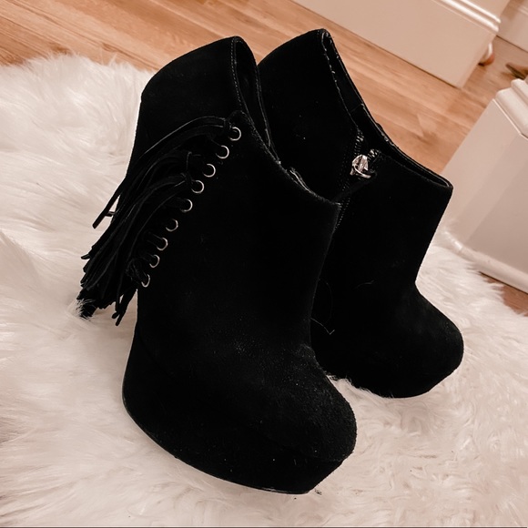 BEBE Black Suede Platform Fringe Ankle Booties 8 - Picture 7 of 16